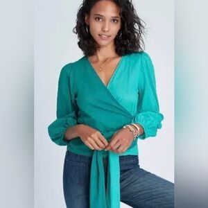 Anthropologie Farm Rio Colorblock Teal Wrap Tie-Front Blouse